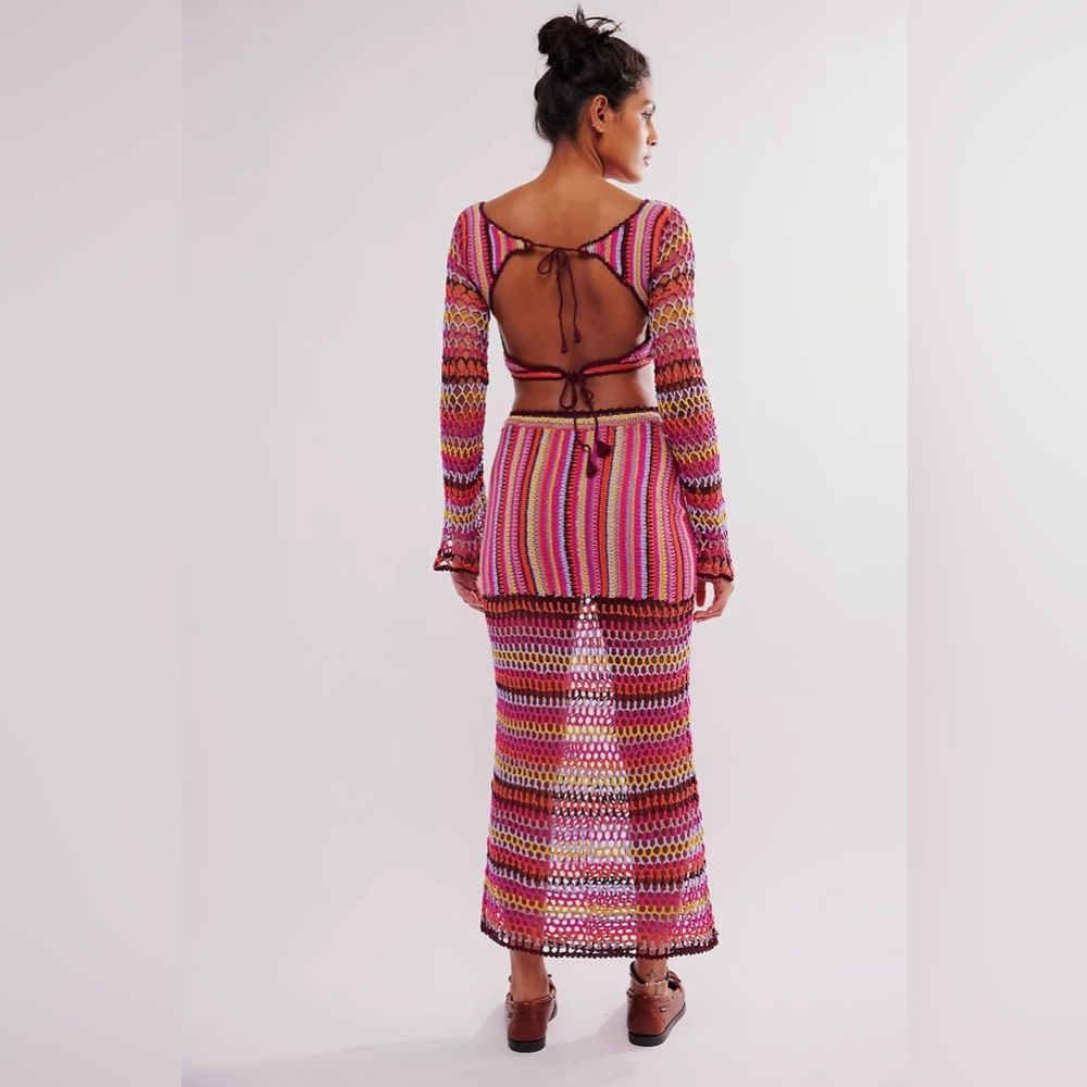 Free People Bali Sunrise Boho Crochet Knit Maxi Skirt and Long Sleeve Top Set - Picture 3 of 12